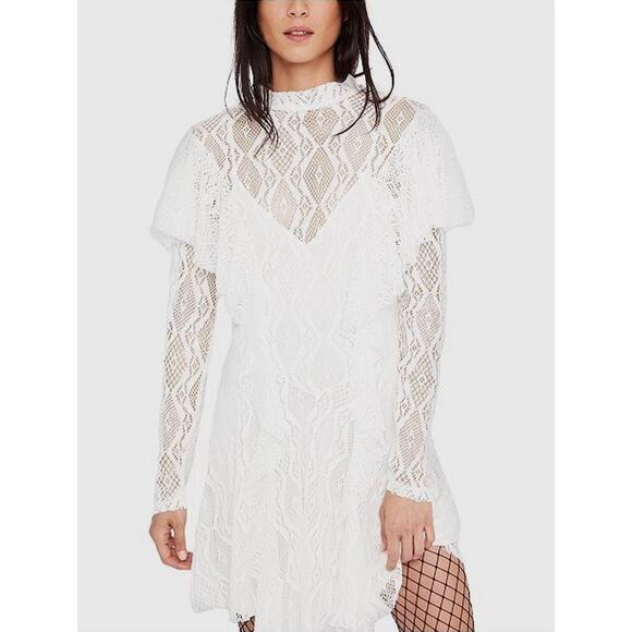 Free People Rock Candy Ivory White Lace Dress Long Sleeve Ruffle Mini Small NWT - Picture 1 of 9